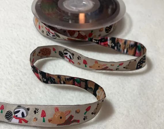 forest none - Woodland Forest Animals with Mushrooms Jacquard Ribbon Trim 5/8" Made in France