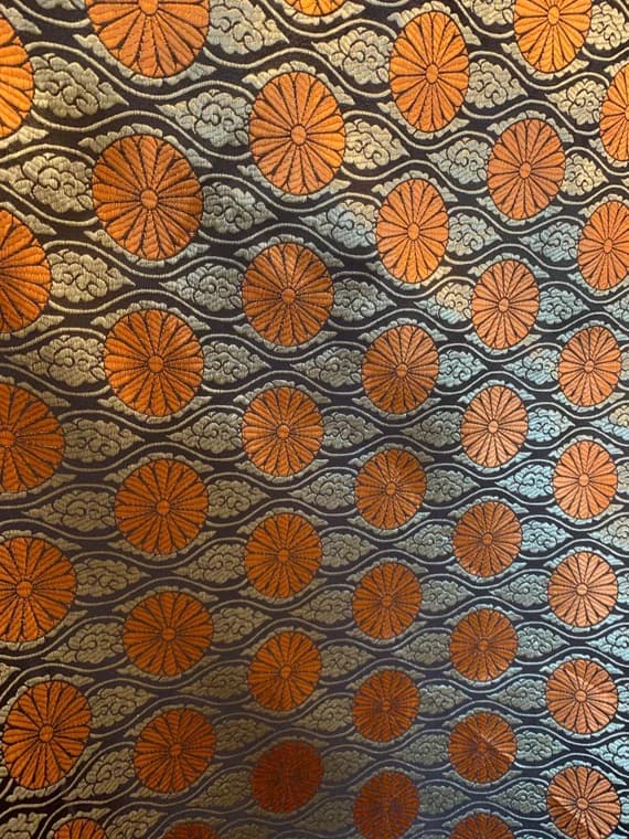 gold brocade fabric - Orange & Gold Floral Medallions with Clouds - Faux Silk Brocade Fabric