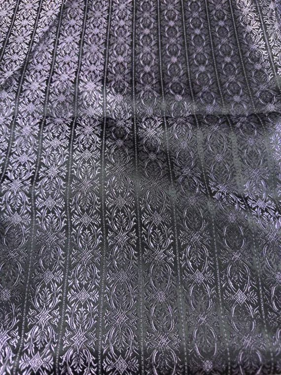 black brocade fabric - Black & Purple Floral Wallpaper Stripe - Silk Brocade Fabric - 1/4 yard increments