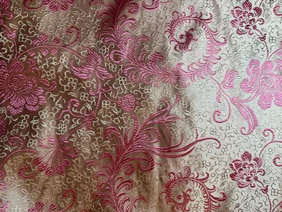 white brocade fabric - White with Pink Feather Floral - Silk Brocade Fabric