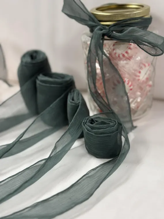 green none - Spruce Green 100% Silk Sheer Crinkle Chiffon Ribbon ( 4 Widths to choose from)