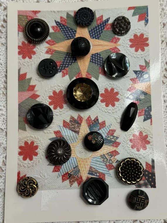 gold none - Lot of 15 Antique Jet Black Glass Buttons - Hand Painted; Gold & Silver Luster