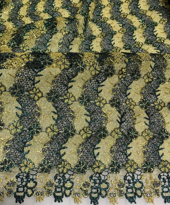 gold lace - Green & Gold Floral Waves - Schiffli Lace Fabric