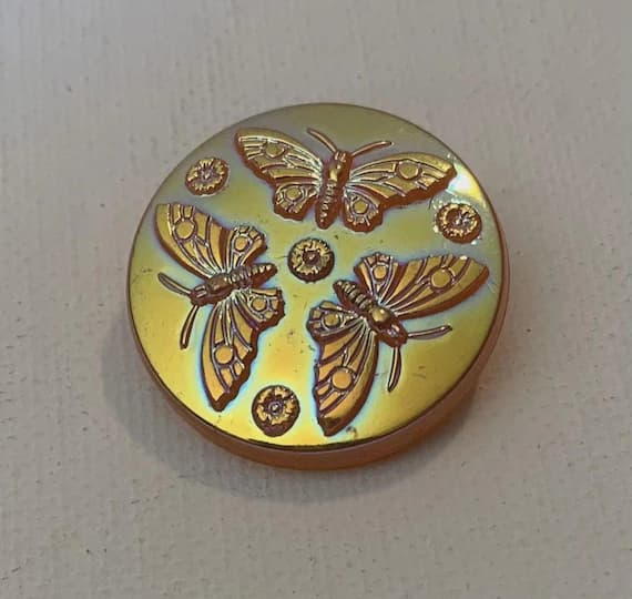 orange none - Iridescent Carnival Glass Orange Butterflies Vintage Czech Glass Button 1-1/16”