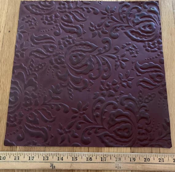 burgundy leather - Burgundy Embossed DAMASK Cow Hide Leather 1 Square Foot (12x12") Piece
