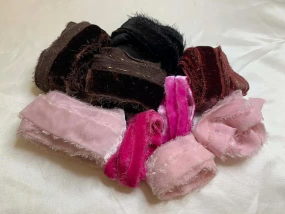 pink none - Hand Dyed Silk Velvet Fabric & Ribbon Remnant Lot Scrap Bag #8 Pink and Chocolate