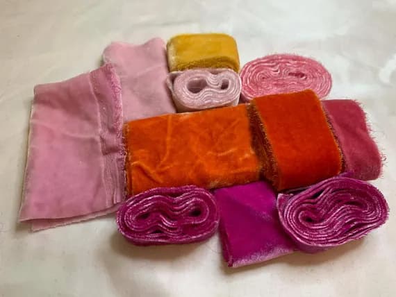 none - Hand Dyed Silk Velvet Fabric & Ribbon Remnant Lot Scrap Bag #111 Bright Sunset