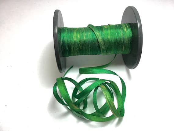 emerald none - Hand Dyed Emerald Green with Metallic Gold #5 Pure Silk Embroidery Ribbon 4mm 1/8" wide Japan -3 yards-