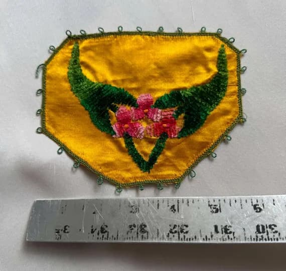 satin fabric - Antique Hand Embroidered Chenille on Silk Applique Art Nouveau Floral