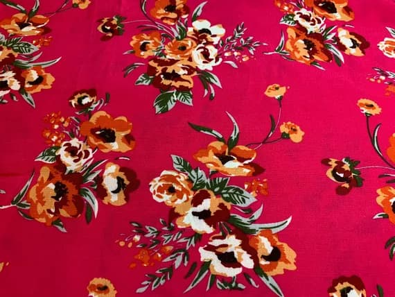fuchsia crepe fabric - 1.75 yards Fuchsia with Orange Flowers - 100% Rayon Crepe Fabric