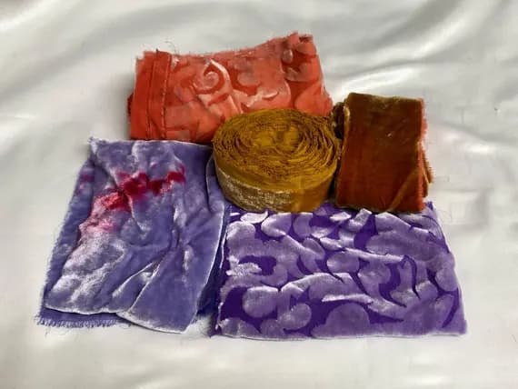 none - Hand Dyed Silk Velvet Fabric & Ribbon Remnant Lot Scrap Bag #179 (5 Pieces) Tie Dye Colors