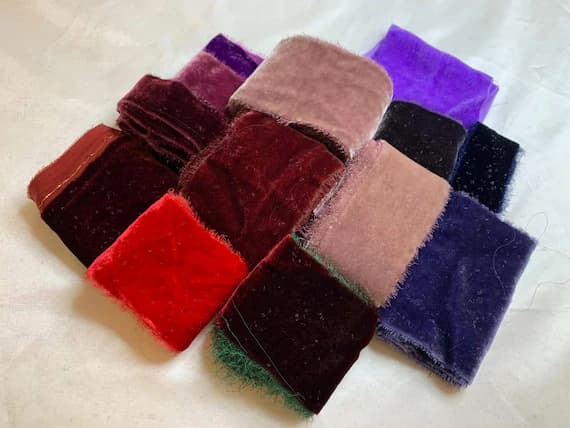 red none - Hand Dyed Silk Velvet Fabric & Ribbon Remnant Lot Scrap Bag #64 Purple; Red