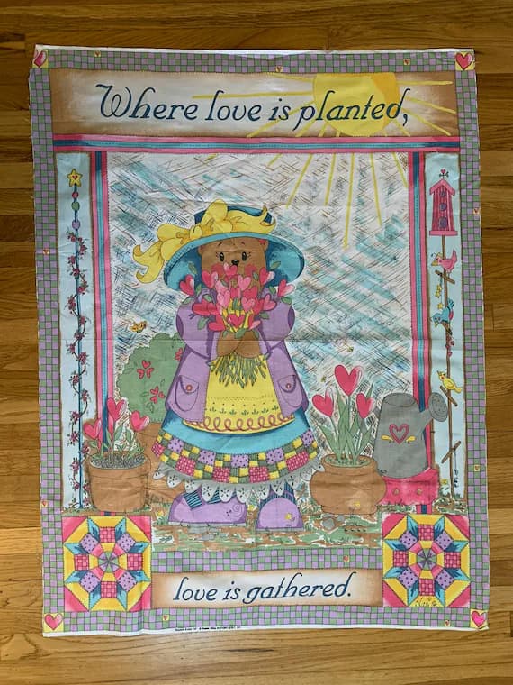 cotton fabric - Where Love is Planted; Love is Gathered 35"x45" Vintage Panel Cotton Fabric
