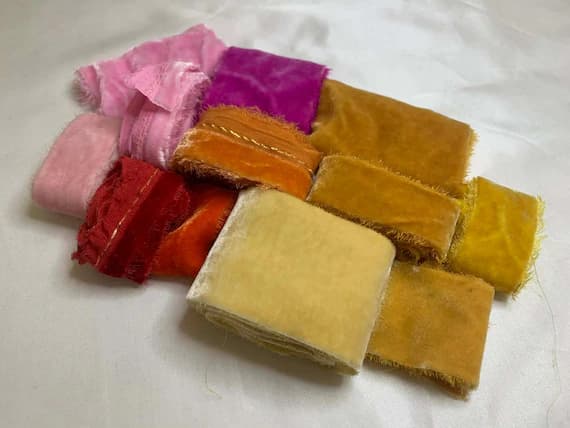 none - Hand Dyed Silk Velvet Fabric & Ribbon Remnant Lot Scrap Bag #108 Sunrise Colors