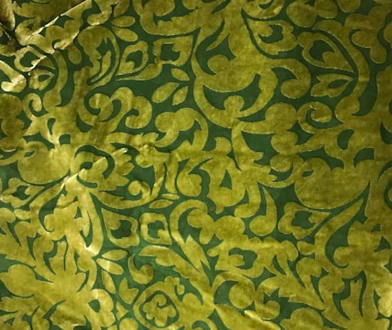 green velvet fabric - YELLOW GREEN SCROLL - Hand Dyed Burnout Silk Velvet