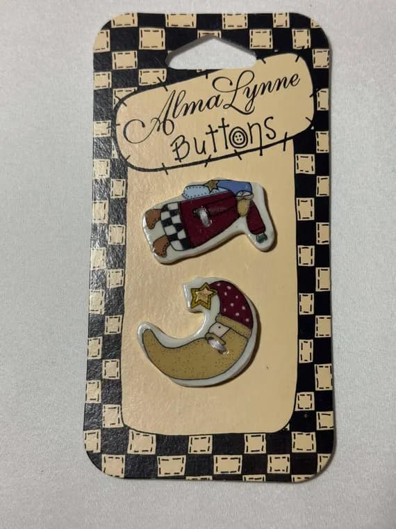 none - Christmas Moon and Santa - Vintage Alma Lynne Ceramic Buttons Card Folk Art