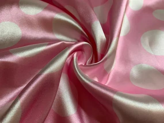 white charmeuse fabric - White on Pink Polka Dots - Faux Silk Charmeuse Satin Fabric