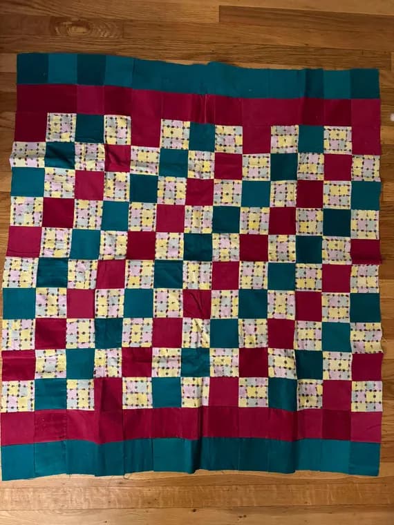 burgundy fabric - Vintage Handmade Corduroy Quilt Top 38"x42" Ladybugs Teal & Burgundy