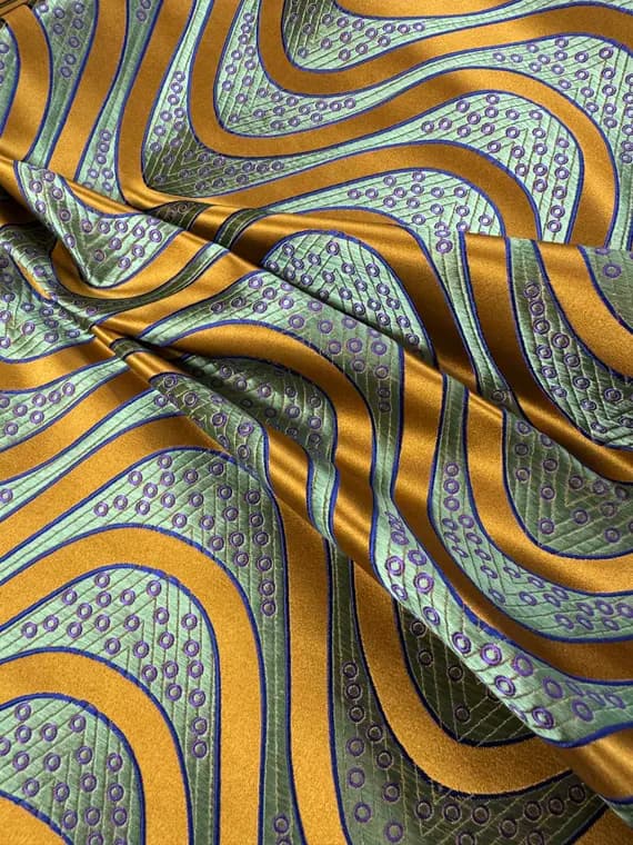 gold brocade fabric - Gold & Green Waves Dots Geometric - Silk Brocade Fabric - 1/4 yard increments