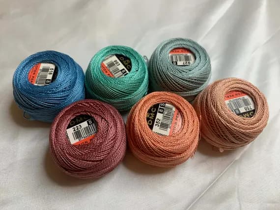 peach none - lot of 6 DMC 116 8 Perle Cotton Thread Balls; Size 8 brand new #61 peach & teal