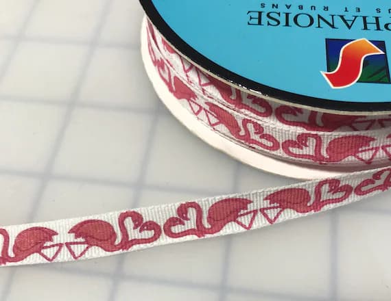 none - Heart Flamingo Grosgrain Ribbon Trim 3/8" Made in France (3 yards)