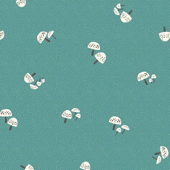 teal cotton fabric - Dreaming of Snow Mushrooms on Teal - Clothworks by Rebecca Jones Cotton Fabric