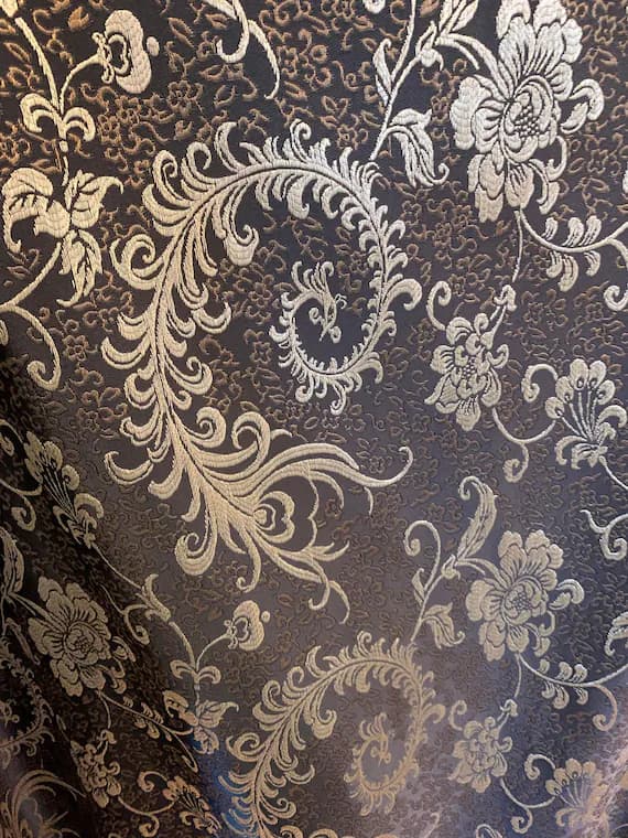 gold brocade fabric - Black & Gold Feather Floral - Faux Silk Brocade Jacquard Fabric