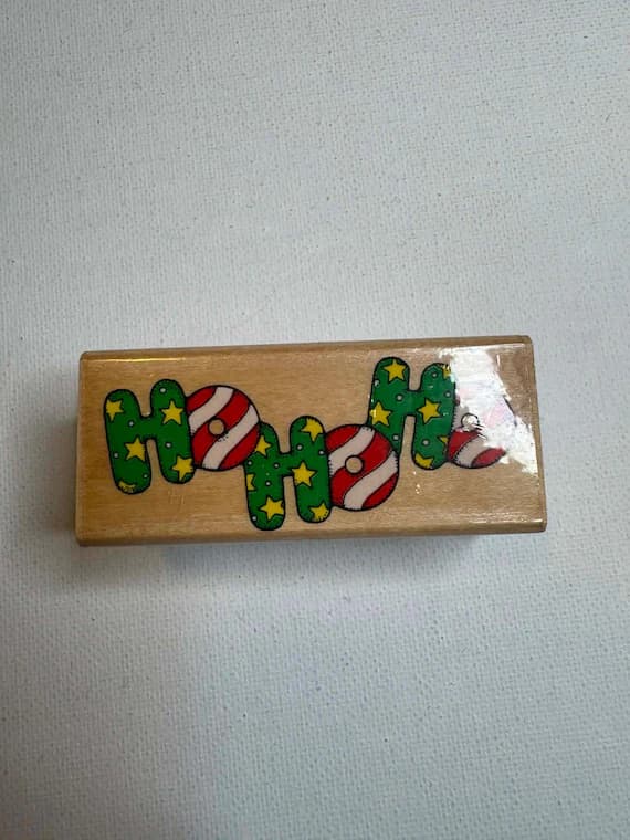 none - 1-1/8"x2-1/2" 1992 Ho-Ho-Ho Wood Mounted Rubber Stamp (D261) By Hero Arts