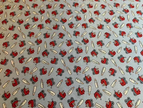 blue cotton fabric - 1/2 yard increments Baby Stroller & Bottles on Blue - Robert Kaufman - Cotton Fabric Vintage OOP