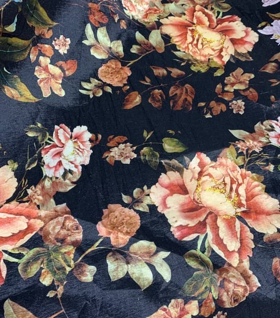peach taffeta fabric - Black & Peach Peony Floral - Stretch Polyester Taffeta Fabric