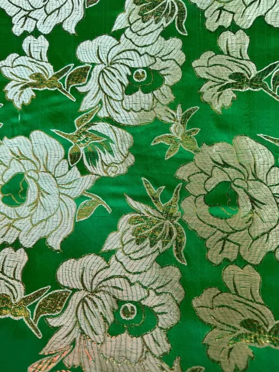 gold brocade fabric - Large Kelly Green & Gold Flowers - Faux Silk Brocade Jacquard Fabric
