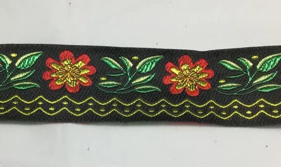 black none - French JACQUARD Ribbon Red & Yellow Flowers on Black- by the yard 1-5/8 inch