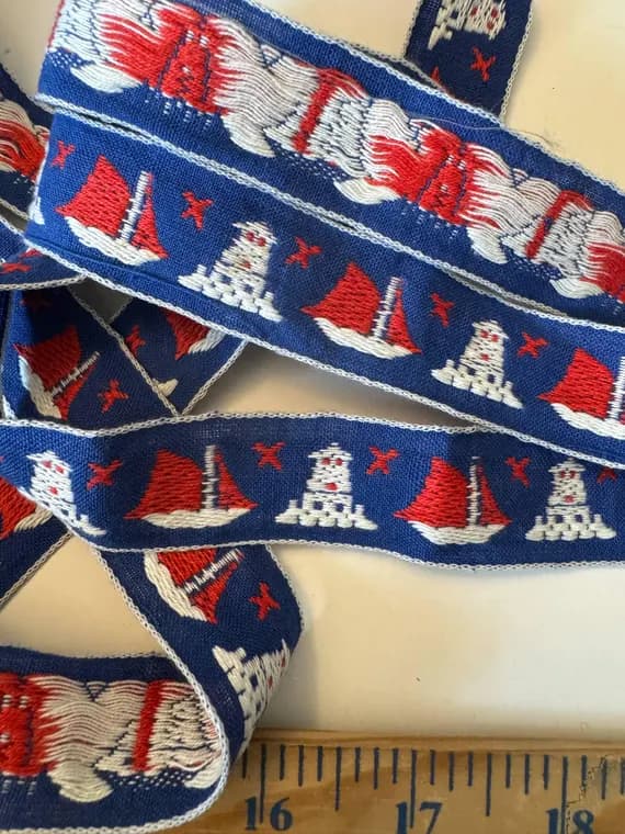 blue none - Vintage Embroidered Ribbon - Blue Sailboats & Lighthouses (1" wide x 1.75 Yards)