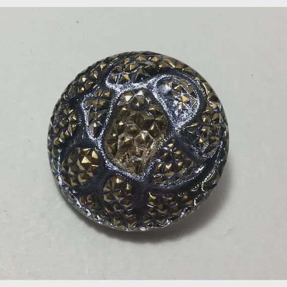 silver none - Vintage Glass Button -Mirror Back Steel Blue with Silver Luster Geometric 1-1/16