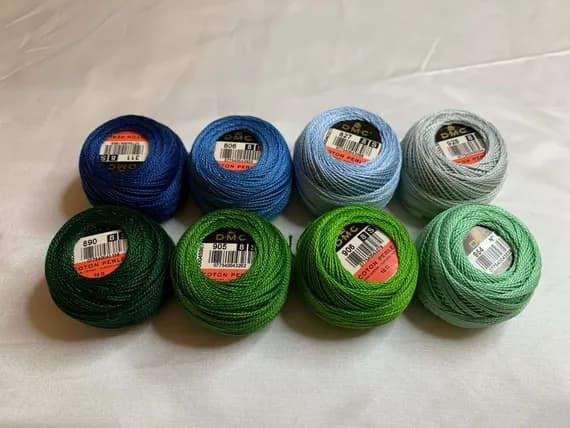 green none - lot of 8 DMC 116 8 Perle Cotton Thread Balls; Size 8 brand new green & blue #37