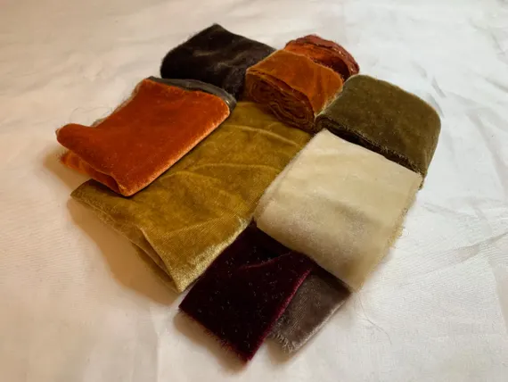 none - Hand Dyed Silk Velvet Fabric & Ribbon Remnant Lot Scrap Bag #70 Autumn Colors