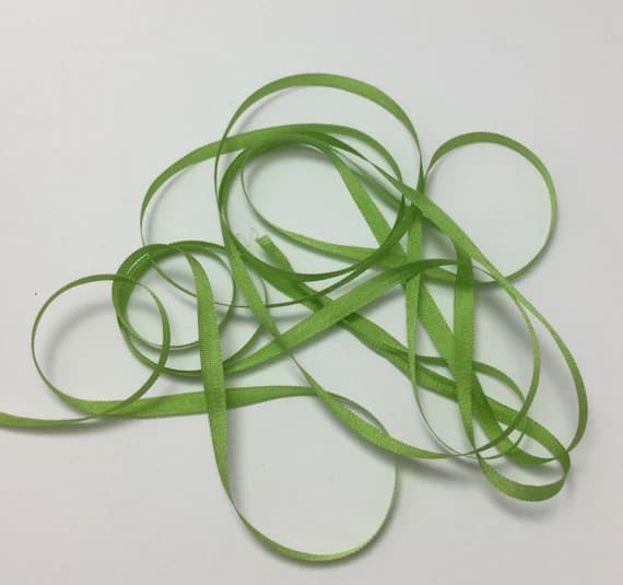green none - YLI #60 Pure Silk Embroidery Ribbon Leaf Green 4mm 1/8" wide Japan -3 yards-