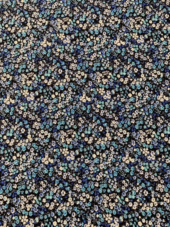 black cotton fabric - Blue on Black Small Scale Floral Vintage Stylecrest Cotton Lawn Fabric OOP