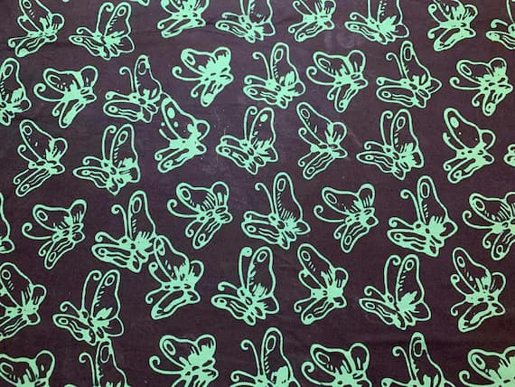 black cotton fabric - Black with Green Butterflies Batik Cotton Fabric Vintage 90s OOP