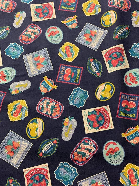 blue none - Dark Blue Vintage Fruit Labels - Kokka Japan Cotton/Linen Sheeting Fabric