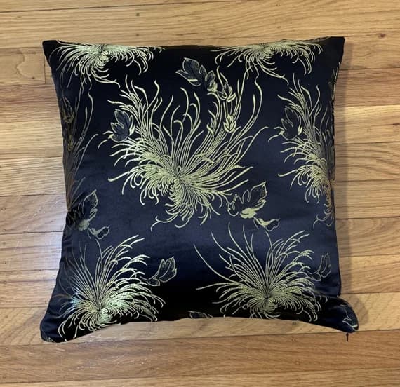 gold brocade fabric - Silky Brocade Pillow Cover - Black & Gold Mums Floral- Handmade
