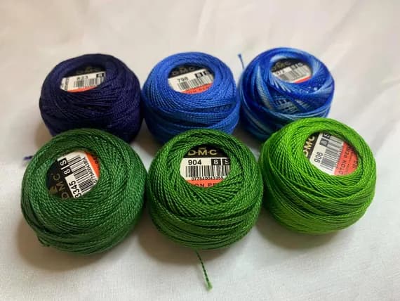 green none - lot of 6 DMC 116 8 Perle Cotton Thread Balls; Size 8 brand new Blue and Green #170