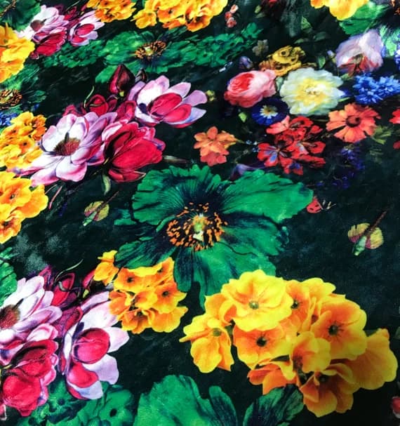 green velvet fabric - Green; Yellow; Pink Multi Floral - Stretch Polyester Velvet Fabric