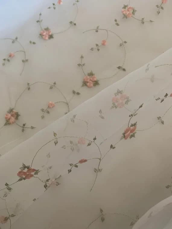 white lace - Pink Little Flower Buds on White Embroidered Organza Fabric