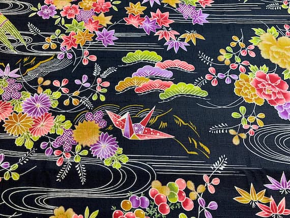 black cotton fabric - 1/2 Yard increments - Asian Jellyfish Black - Kokka Japan Cotton Fabric