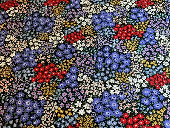 lavender cotton fabric - Spring Flowers - Black with Periwinkle Lavender & Yellow Floral - Cosmo Japan Cotton Oxford Fabric