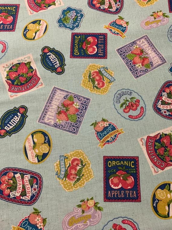 blue none - Light Blue Vintage Fruit Labels - Kokka Japan Cotton/Linen Sheeting Fabric