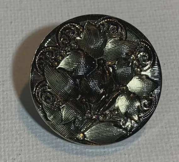 gold none - Smoky Olive Green Flowers Gold Luster Glass Vintage Czech Glass Button 1-1/16”