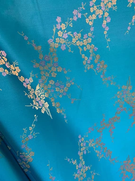 turquoise brocade fabric - Turquoise Cherry Blossom Floral - Faux Silk Brocade Jacquard Fabric