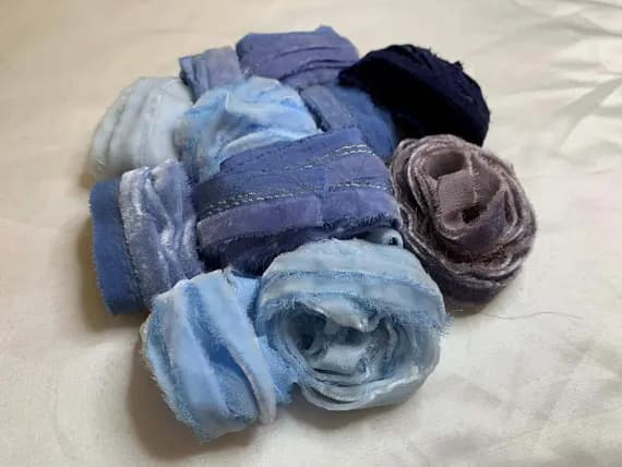 none - Hand Dyed Silk Velvet Fabric & Ribbon Remnant Lot Scrap Bag #15 Blues